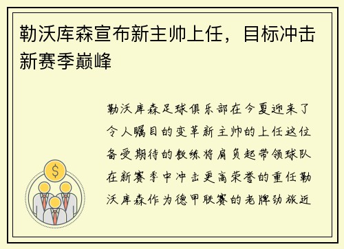 勒沃库森宣布新主帅上任，目标冲击新赛季巅峰